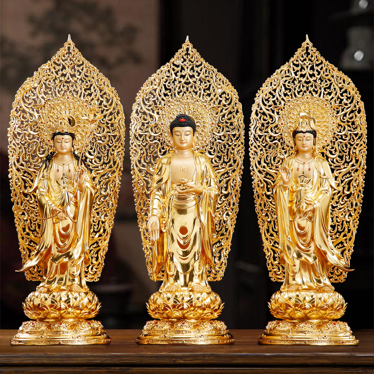 纯铜西方三圣贴金佛像佛堂供奉阿弥陀佛观音大势至菩萨三圣铜摆件