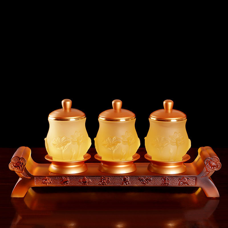 宝成佛具台湾古法琉璃八吉祥如意贡台家用供水杯底座放净水杯案台