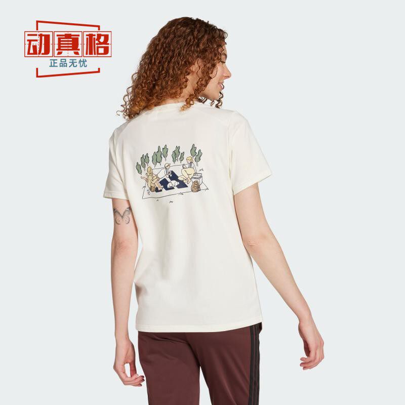阿迪达斯女装2025夏季新款野营印花休闲舒适短袖T恤JX5322 JX5323