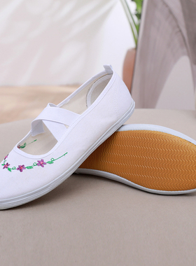 女款小白鞋绣花舞蹈鞋儿童体操鞋幼儿园室内跳舞鞋软底白色帆布鞋
