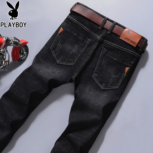 花花公子秋冬季水洗黑色牛仔裤男士修身直筒韩版潮流弹力加绒长裤