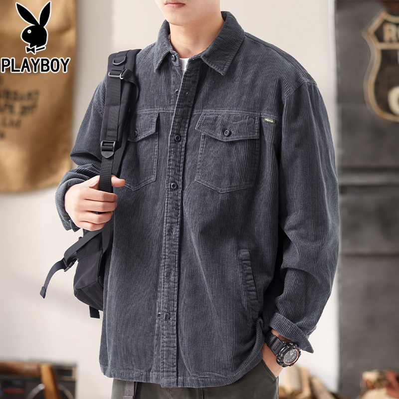 花花公子秋冬季灯芯绒工装衬衫外套男士新款宽松长袖休闲夹克衬衣