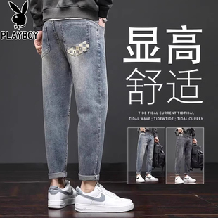 花花公子牛仔裤男秋冬加绒宽松直筒百搭2025新款九分弹力休闲长裤