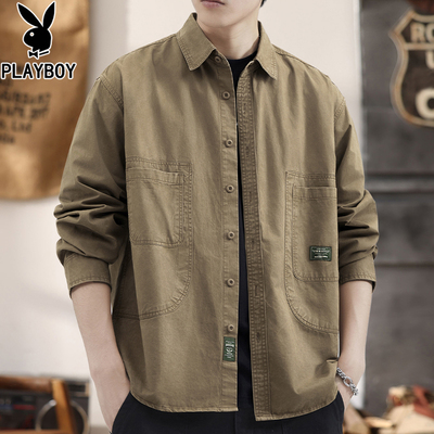 花花公子秋冬季复古工装衬衫式外套男纯棉上衣百搭潮流休闲衬衣男