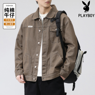 花花公子春秋季牛仔外套男士纯棉怀旧风宽松潮牌百搭衣服夹克男装