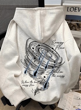 国潮设计感连帽卫衣男女秋冬韩版宽松百搭加绒加厚外套白灰色上衣