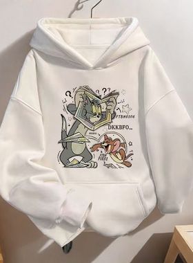 美式卡通加绒加厚外套男女秋冬宽松设计感白色带帽卫衣韩版上衣潮