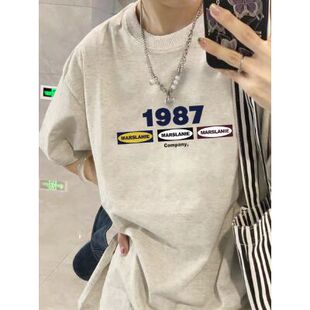 品牌出口外贸撤回~设计感重磅1987纯棉短袖t恤男女夏季花灰色上衣