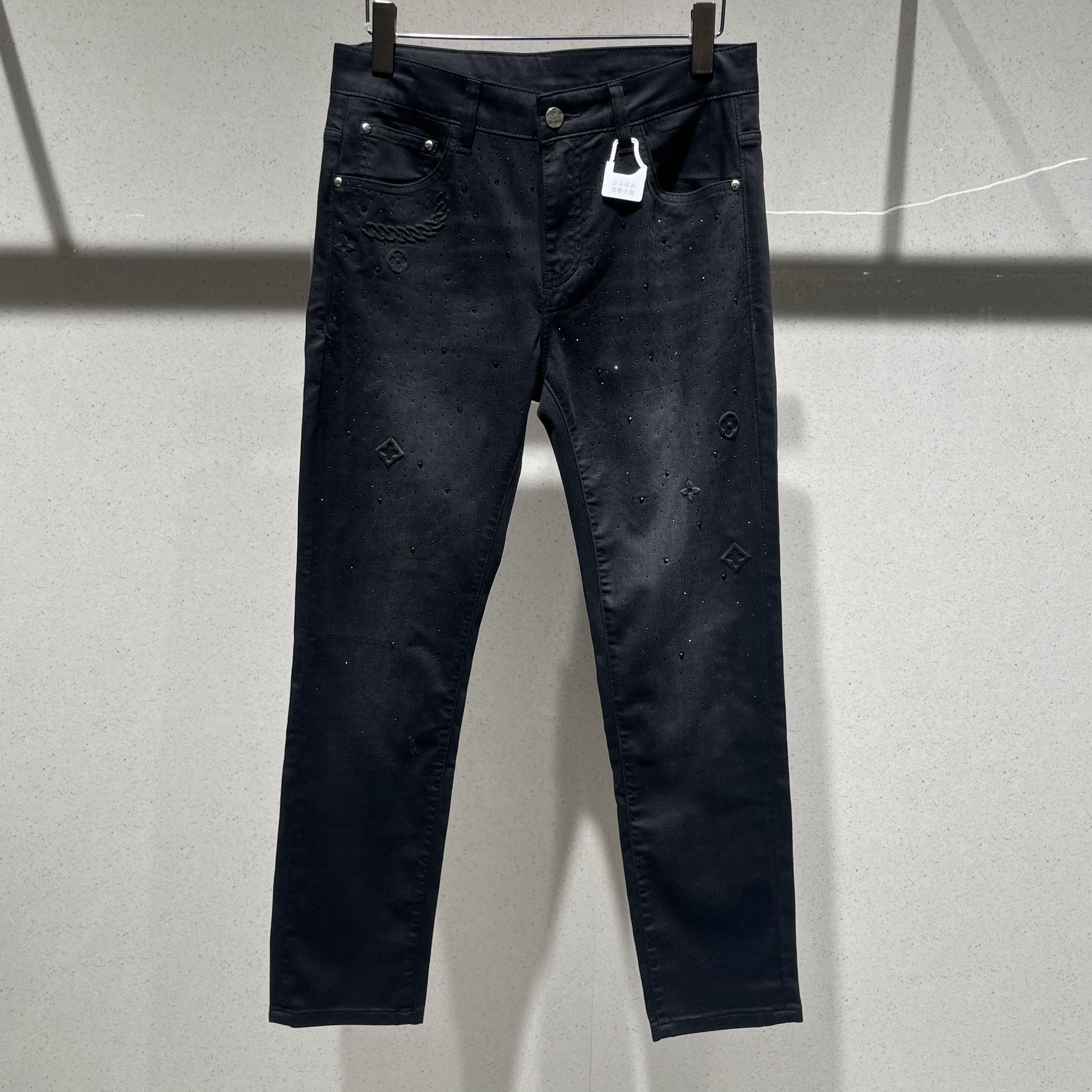 欧洲站春夏季男士烫钻牛仔裤小脚修身潮牌黑灰色时尚弹力休闲长裤