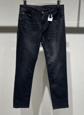 欧洲站春夏季男士烫钻牛仔裤小脚修身潮牌黑灰色时尚弹力休闲长裤