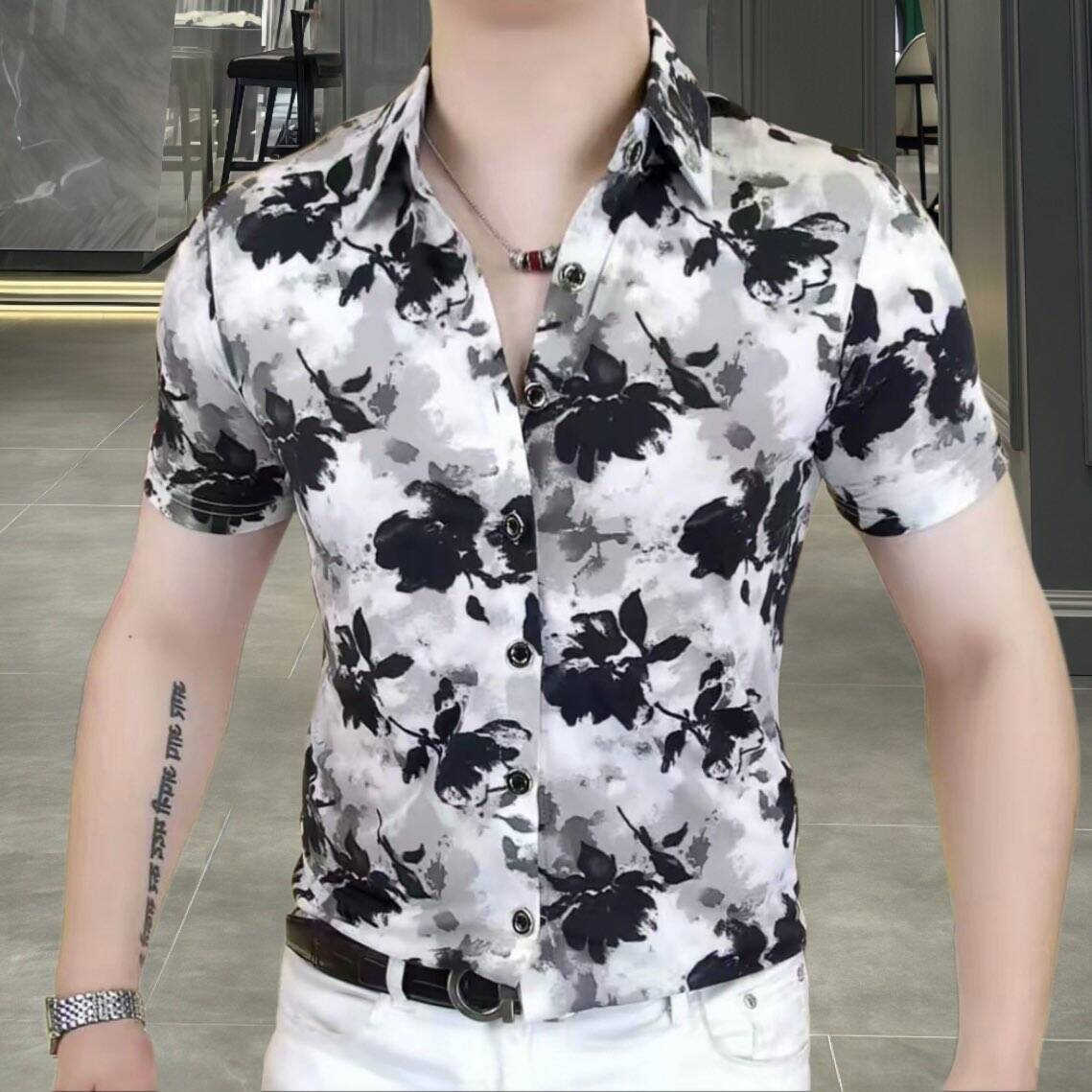 欧洲站夏季男士冰丝短袖衬衫修身