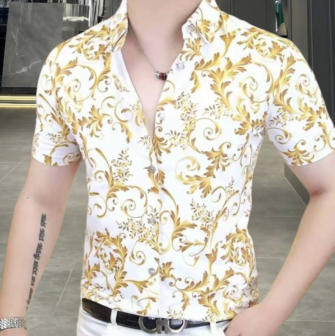 欧洲站夏季男士冰丝短袖衬衫薄款