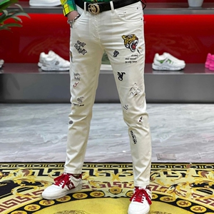 欧洲站夏季高端男士牛仔裤白色小脚刺绣虎头潮牌修身水洗休闲长裤