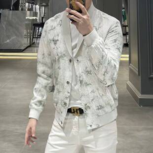 欧洲站春季男士青果领长袖外套薄款潮牌修身时尚个性印花帅气夹克