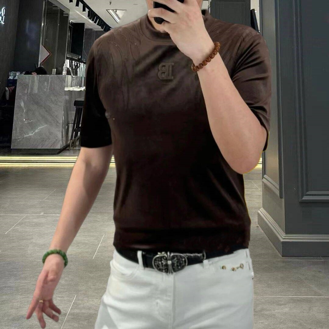 欧货潮牌修身金丝绒短袖t恤