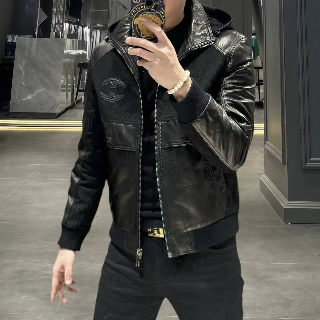 欧货高端冬季男士连帽羽绒服拼皮