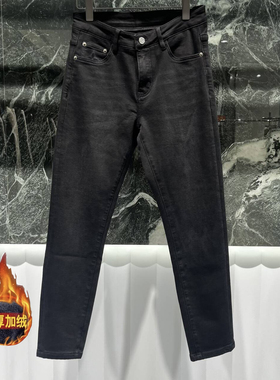 欧洲站秋冬季男士牛仔裤磨毛加绒小脚修身潮流时尚黑灰色休闲长裤