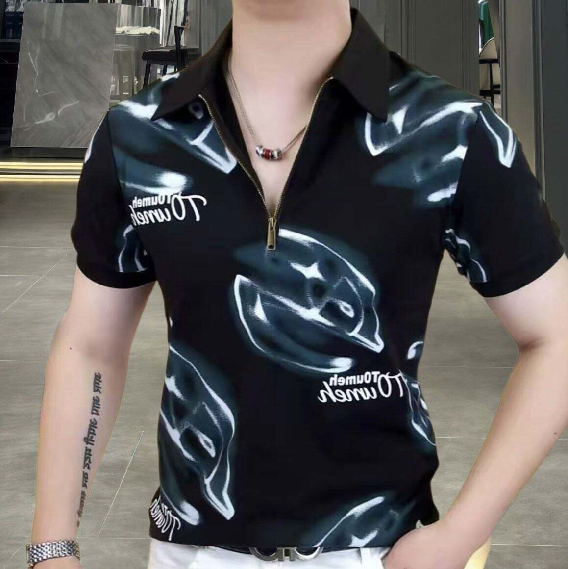 欧洲站夏季男士冰丝短袖t恤翻领T