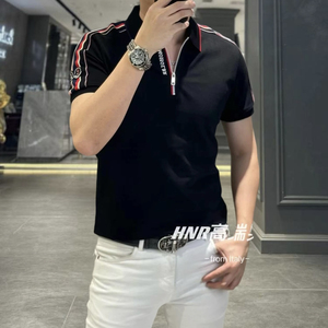 欧货高端夏季男士半拉链短袖t恤翻领Polo衫潮牌修身时尚帅气上衣T