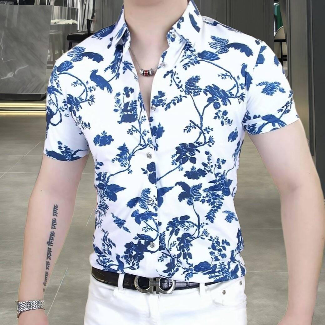 欧洲站夏季男士冰丝短袖衬衫