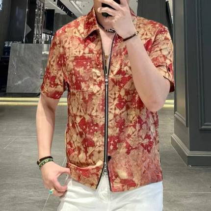 欧洲站夏季男士冰丝短袖衬衫潮流时尚个性印花衬衣薄款凉感上衣帅