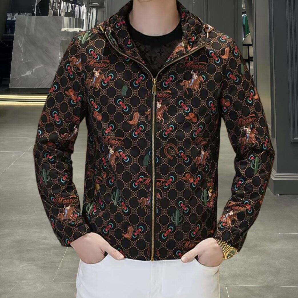 欧洲站春季男士长袖连帽外套潮流时尚个性印花薄款夹克休闲上衣帅