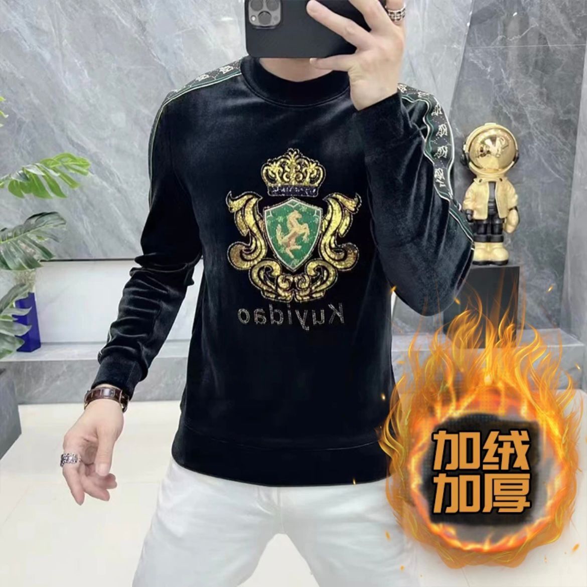 欧货潮流加绒加厚长袖t恤打底衫