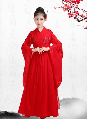 汉服女童大红色古装古筝演出服超仙中国风舞蹈服中大童女孩表演服