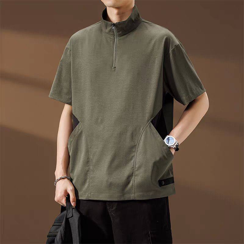 冰丝短袖t恤男立领半拉链侧插口袋POLO衫夏季薄款速干体恤2025年