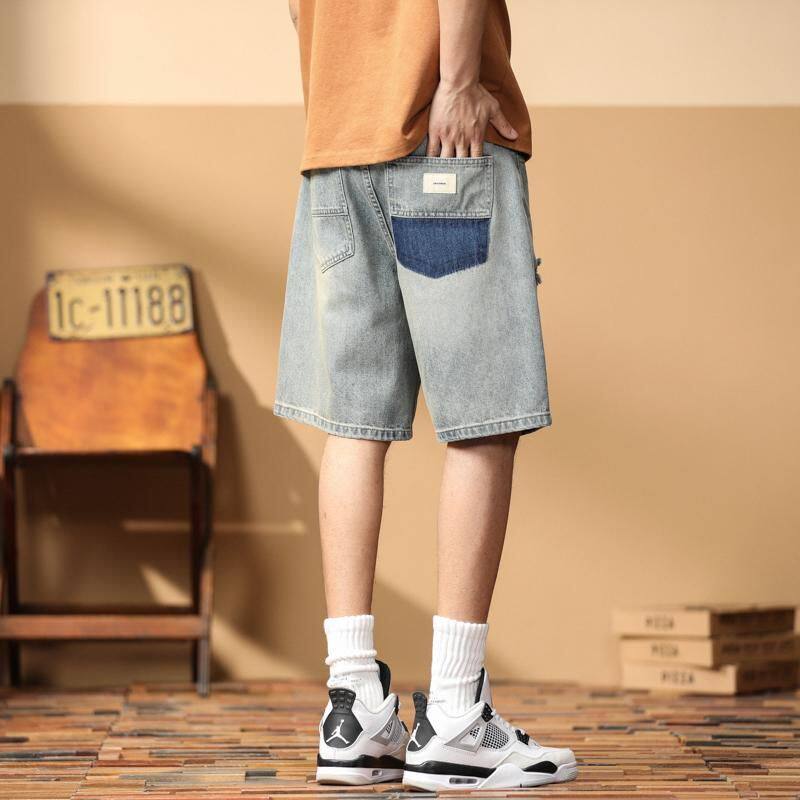 破洞牛仔短裤男美式复古五分裤子夏季新款宽松潮牌浅蓝色直筒中裤