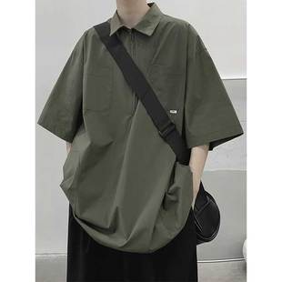 夏季男poloT恤时尚港风简约文艺原宿五分袖宽松冰丝POLO衬衫潮流