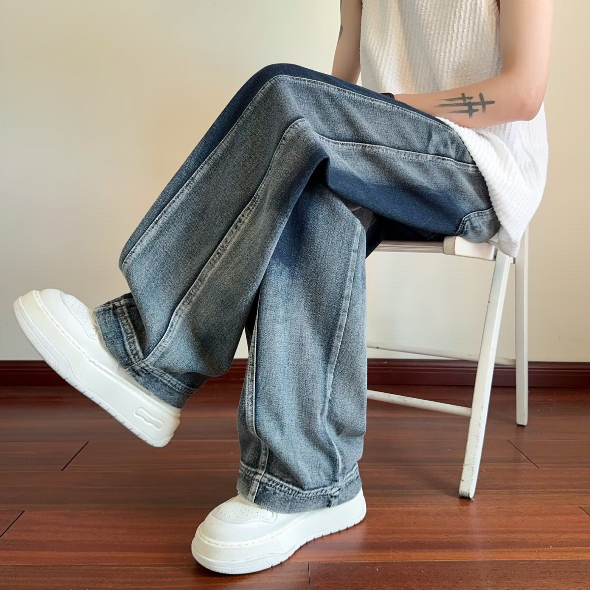 星空纹直筒牛仔裤男款秋冬季美式复古蓝色松紧腰休闲宽松阔腿裤子