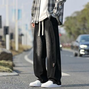 牛仔裤男春秋大码宽松垂感阔腿直筒裤美式高街潮牌秋冬痞帅工装裤