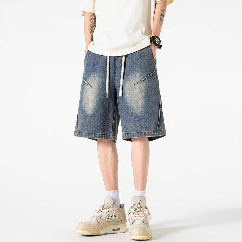 美式复古牛仔短裤男士2025夏季薄款大码褶皱中裤子宽松休闲五分裤