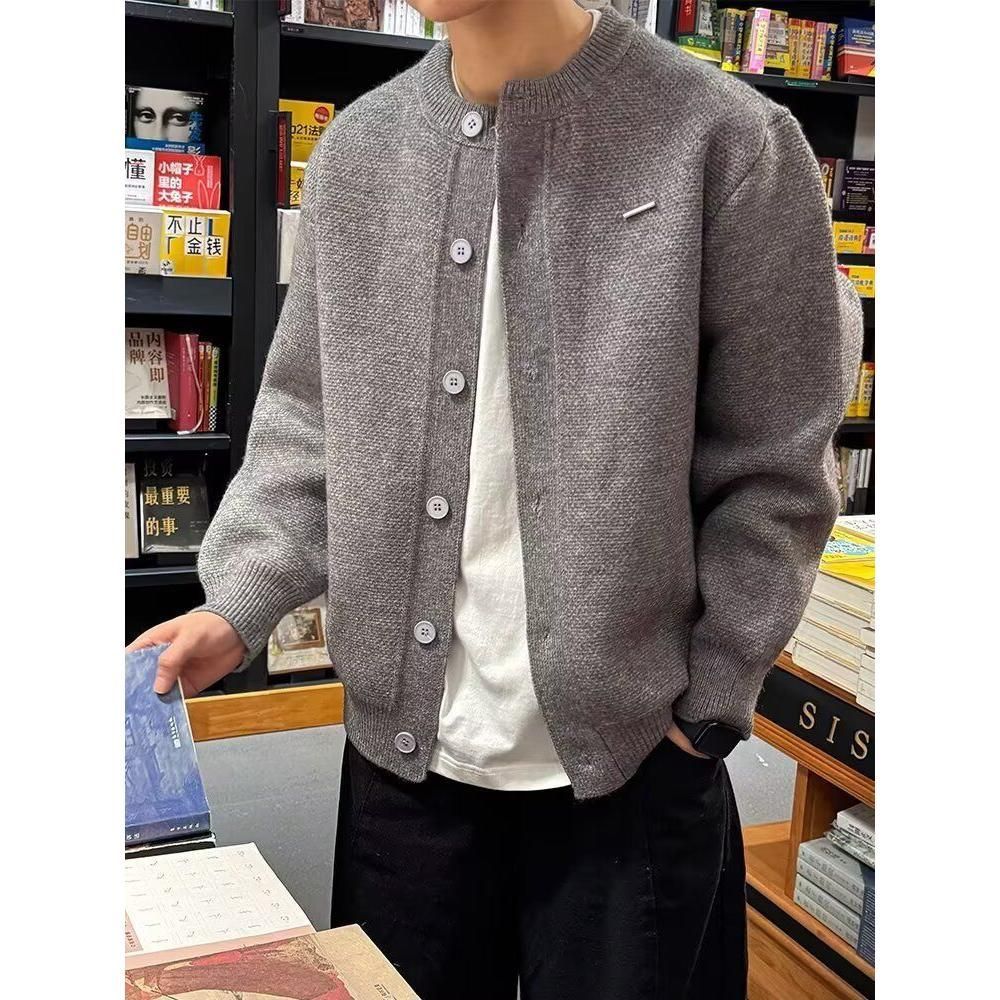 2024秋冬新款开衫毛衣美式复古休闲慵懒风V领针织衫男纯色外套潮