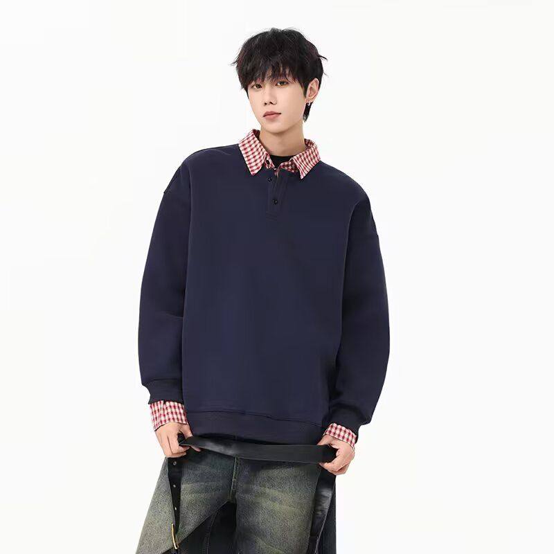 简约格子假两件polo翻领卫衣男款ins潮流长袖打底衫无帽套头上衣
