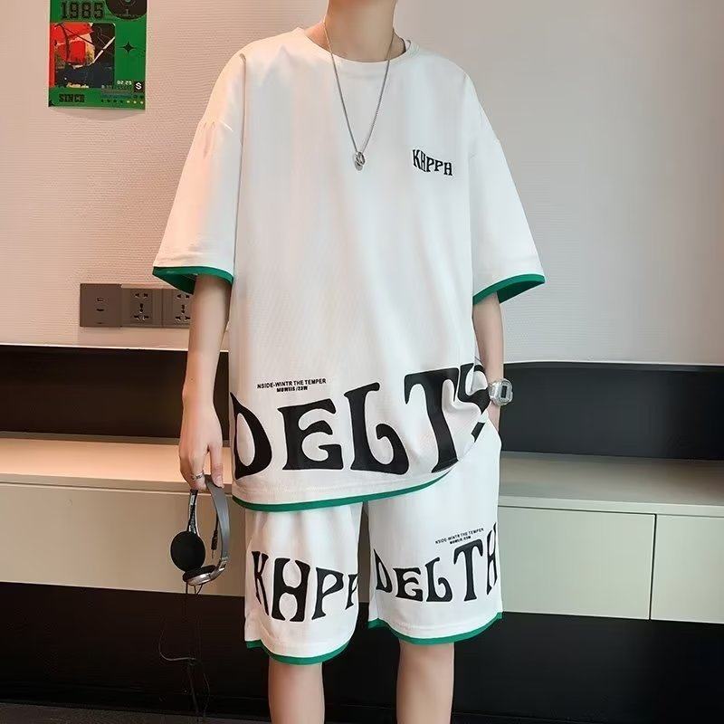 短裤男夏季薄款篮球美式大码宽松五分裤衩休闲运动短袖套装两件装