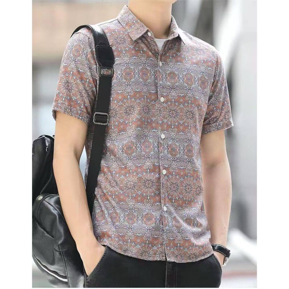 时尚潮高级感夏季痞帅短袖花色衬衫男士2025新款翻领T恤男装半袖