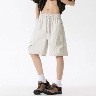 白灰色速干工装短裤男款夏季褶皱斜切冰丝冲锋裤子美式凉感五分裤