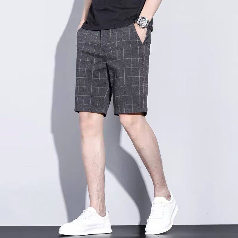 港风夏季格子休闲短裤男修身直筒潮流商务外穿百搭五分中裤潮chic