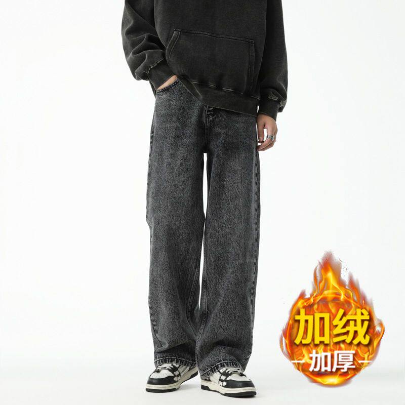 秋冬加绒加厚雪花牛仔裤男阔腿宽松潮牌美式时尚直筒休闲长裤炸街