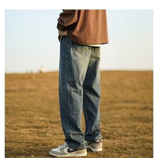 黄泥色牛仔裤男生春秋新款美式复古宽松微喇阔腿裤子直筒休闲长裤