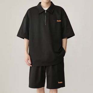 美式复古纯色polo衫短袖半拉链简约2025翻领高级感T恤男生夏套装