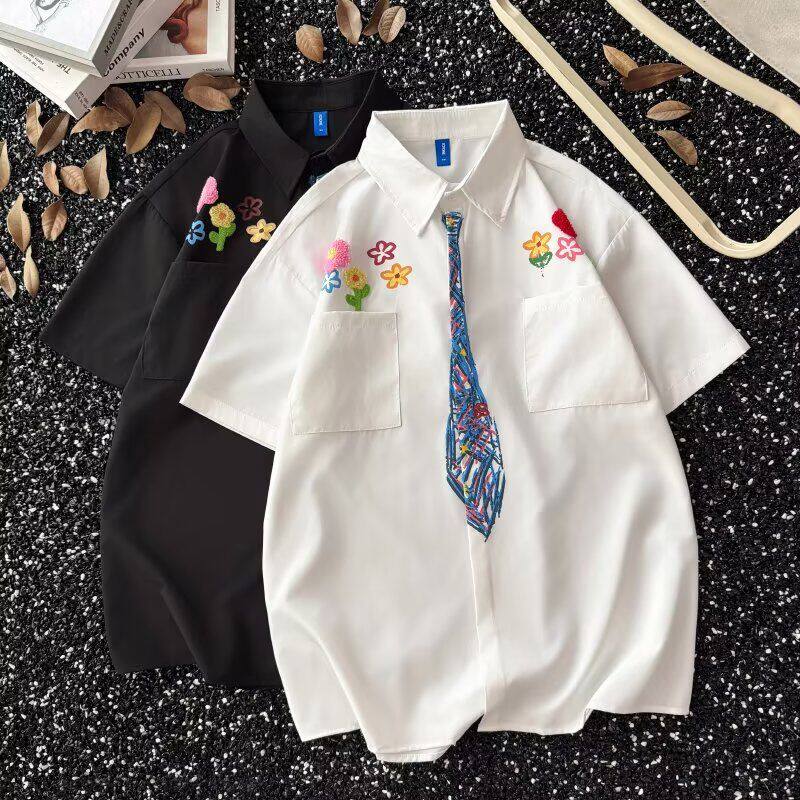 花卉刺绣短袖衬衫男款夏季蜡笔手绘领带学院风衬衣设计感情侣外套