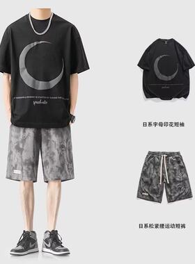 2023港风夏季韩版运动套装男生宽松T恤学生短袖简约高级感五分裤