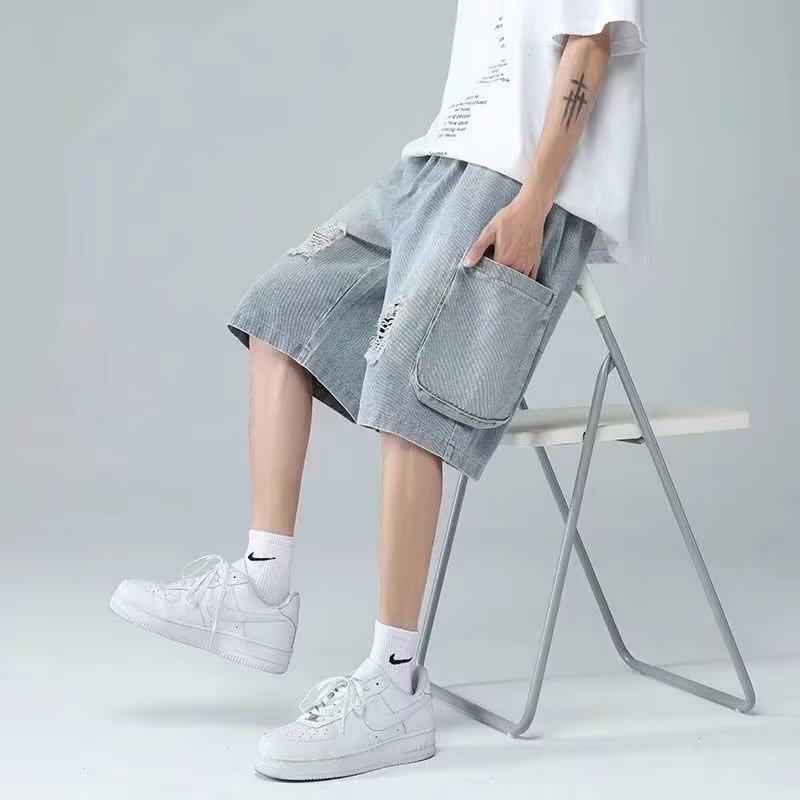 美式毛边破洞牛仔短裤男夏季潮流薄款痞帅宽松休闲五分裤运动港风
