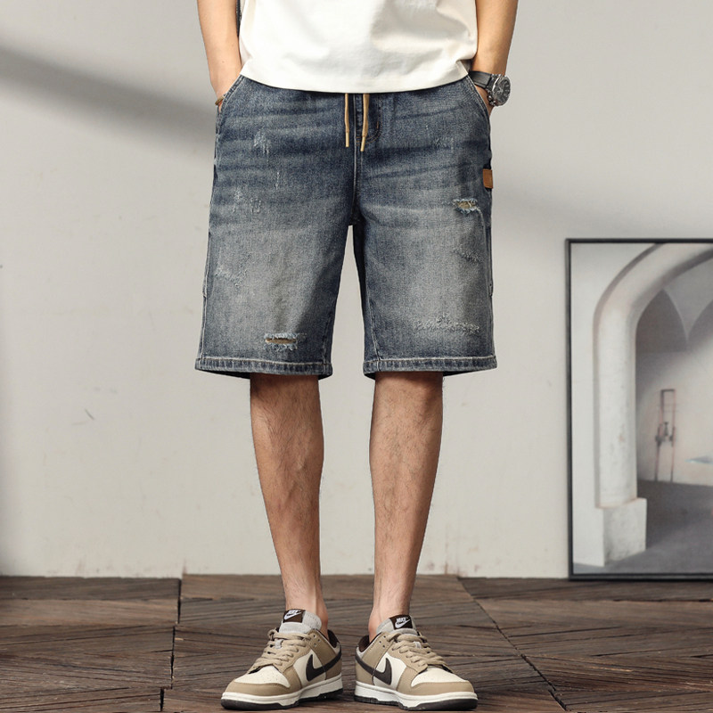 夏季牛仔裤宽松直筒日系男潮流哈伦裤大码短裤休闲五分牛仔裤港风