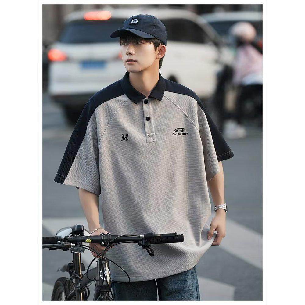 青春风华夫格POLO衫短袖男女同款T恤潮宽松百搭小众设计感上衣潮