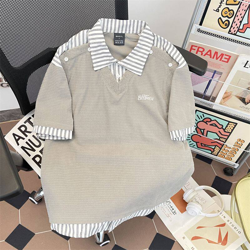 黑色假两件拼接短袖T恤男款夏季高级感青少年POLO衫衬衫领半截袖