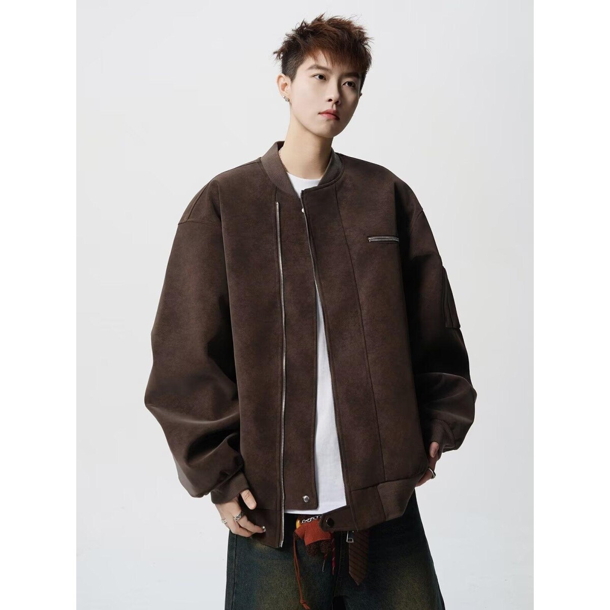 美式复古棕色皮衣夹克男款春秋重磅潮牌痞帅麂皮绒工装外套棒球服